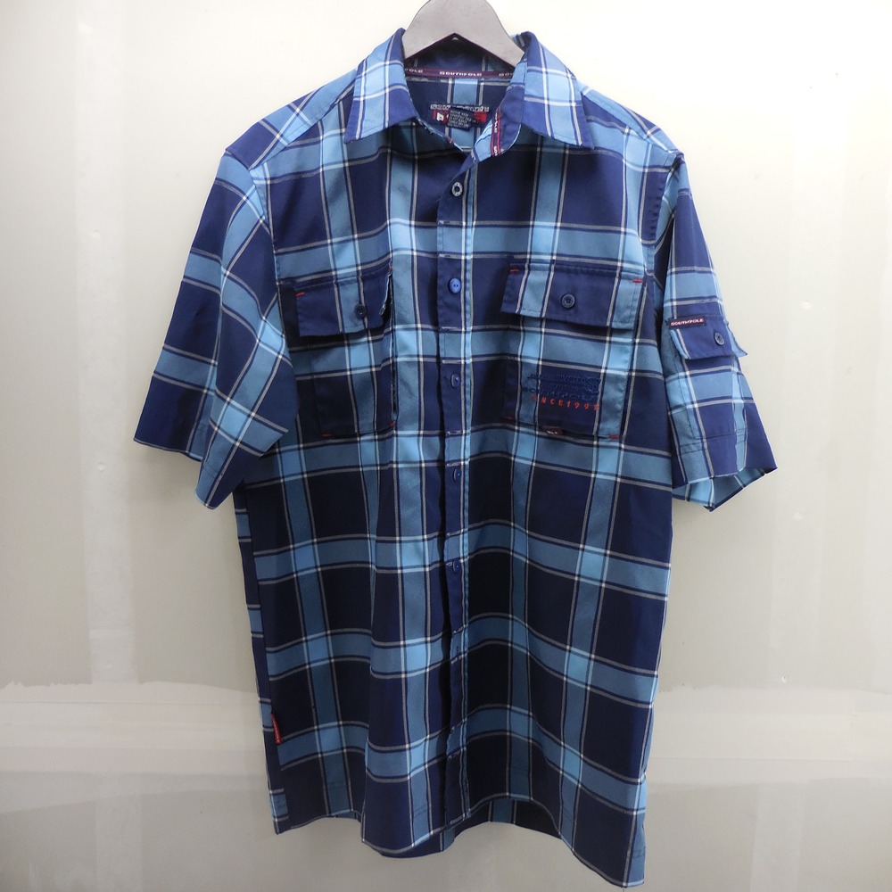 Southpole Mens Blue Plaid Short Sleeve Button Shirt VTG Y2K Streetwear Medium